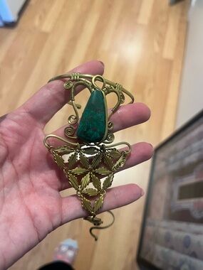 Brass Wire-Wrapped Statement arm bracelet with ring and Green Stone